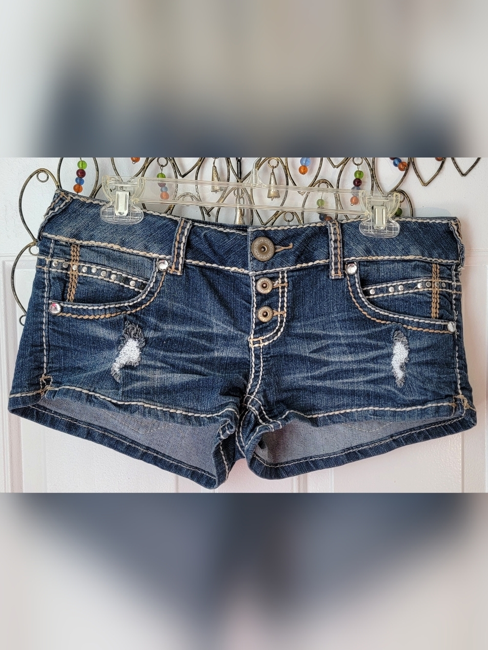 Y2K Rue21 Dark Blue Distressed Low Rise Micro Jean Shorts Juniors 7/8 Studded